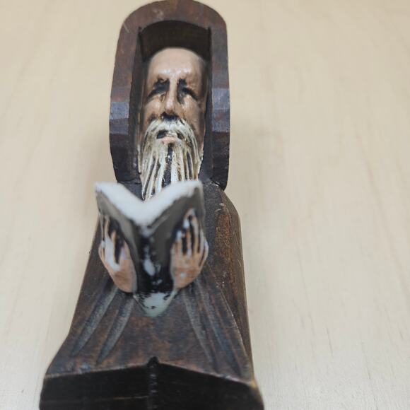 Vintage Carved Wood Monk Religious Figure Holding Bible W/Rosary Statue Priest - Picture 6 of 8